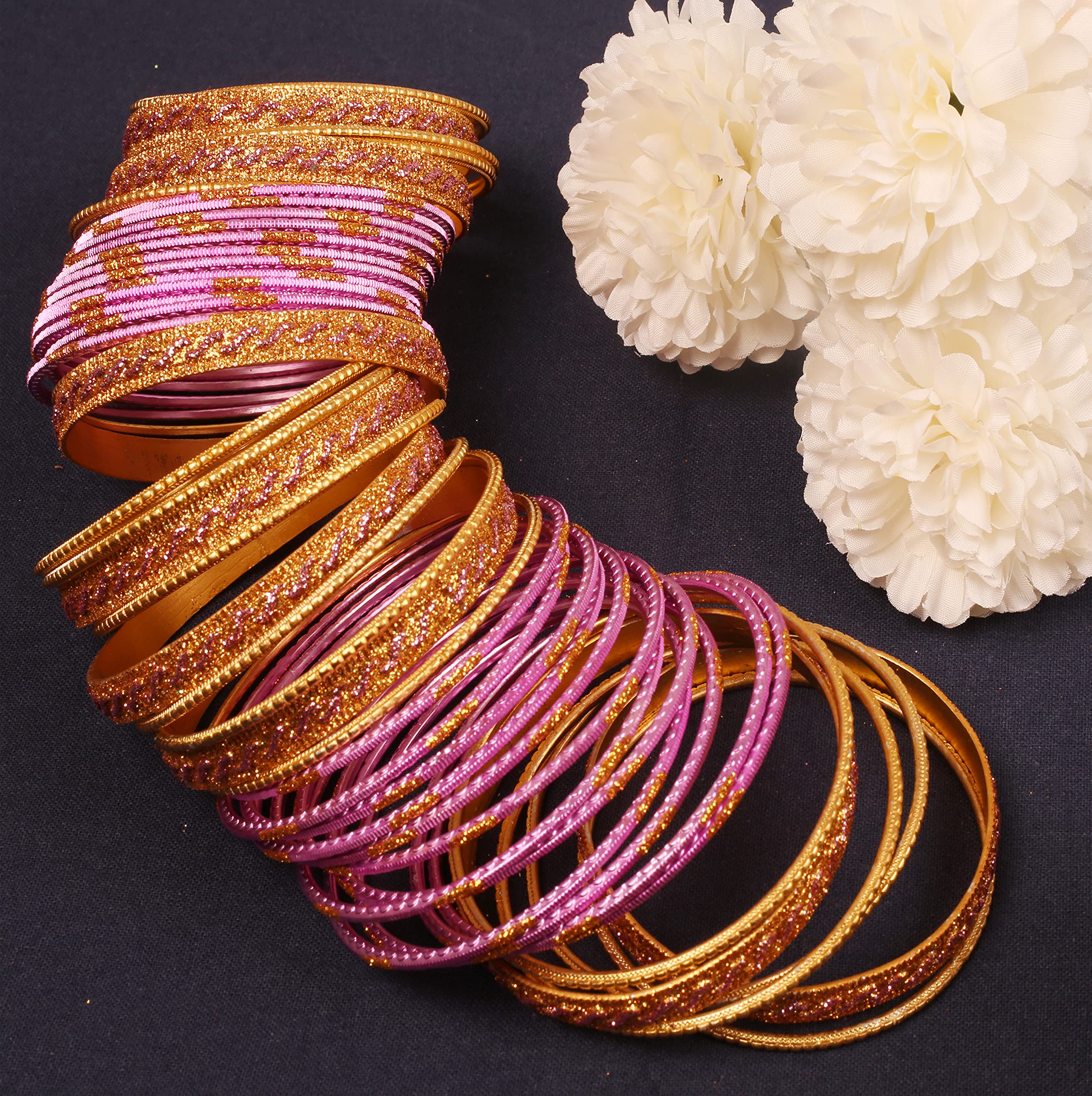 Touchstone Indian Bollywood Glamorous Fashion Wrist Enhancing Shimmering Golden Glitters Textured Color Designer Jewelry Bracelets Bangle Chura. Set of 48 in Gold Tone for Women. - Image 8