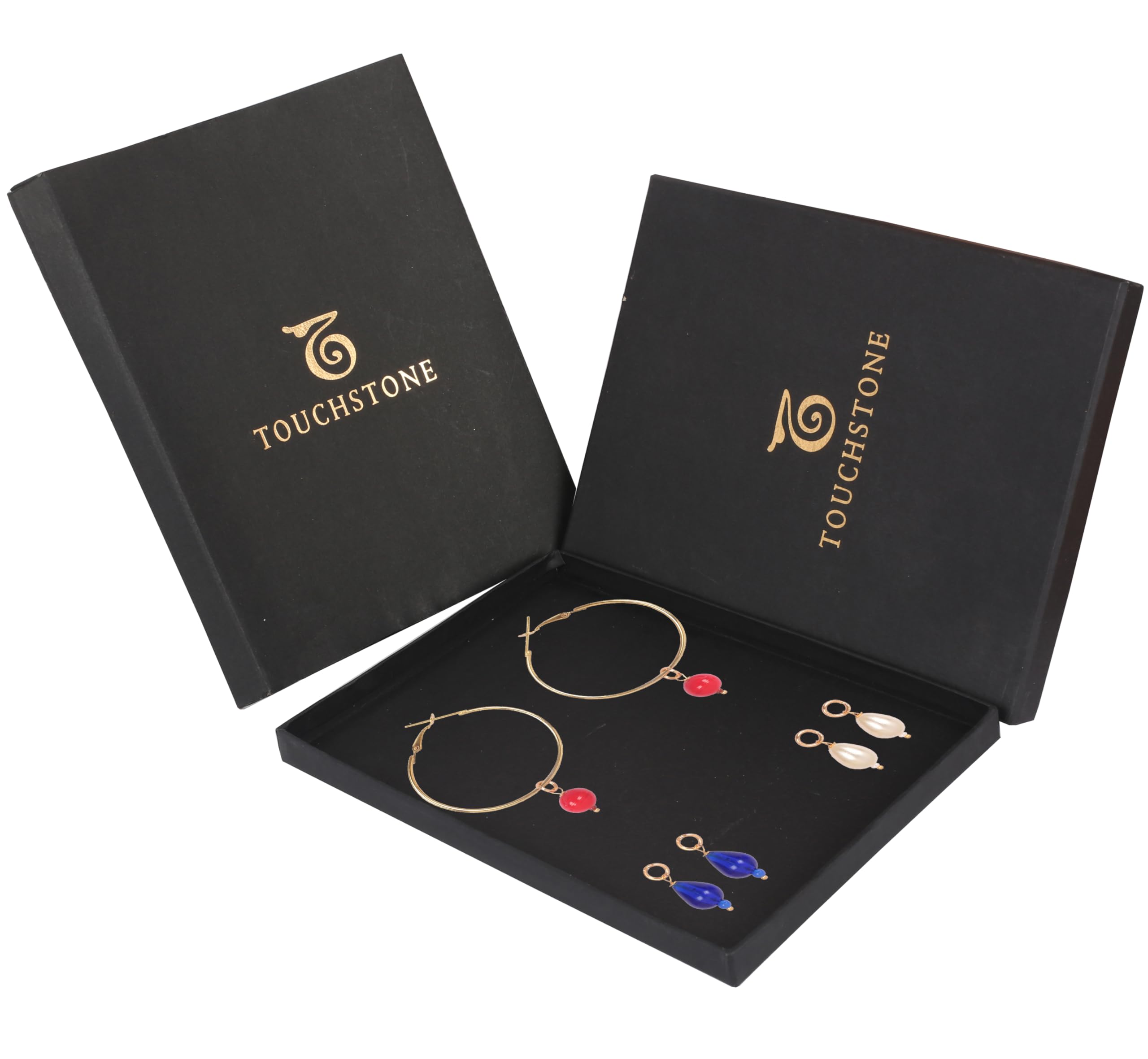 Touchstone Indian Bollywood Handcrafted Glass Stones 3 Changeable Color Designer Jewelry Hoop Earrings in Gold Tone for Women. - Image 6