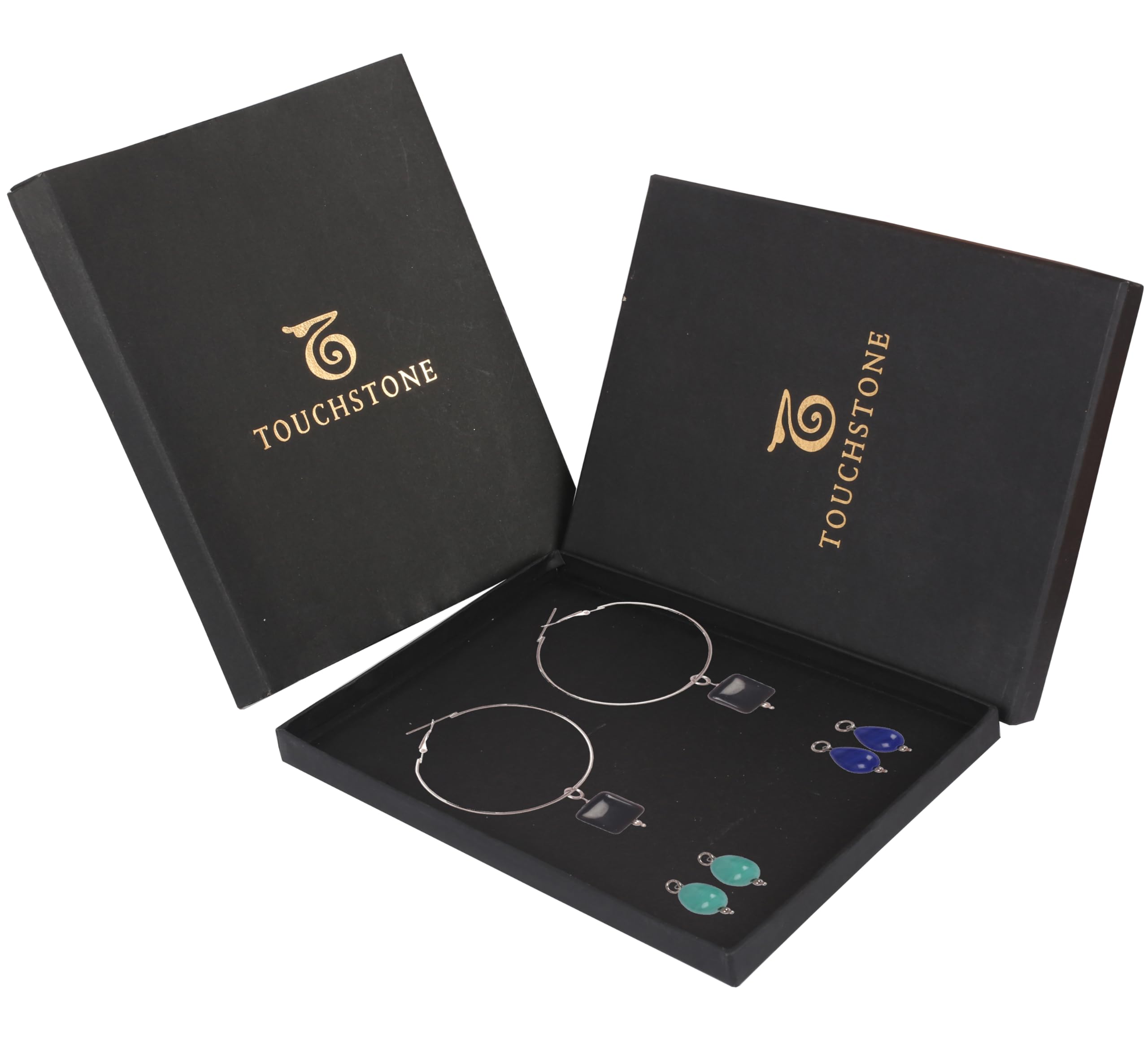 Touchstone Indian Bollywood Handcrafted Glass Stones 3 Changeable Color Designer Jewelry Hoop Earrings in Gold Tone for Women. - Image 6