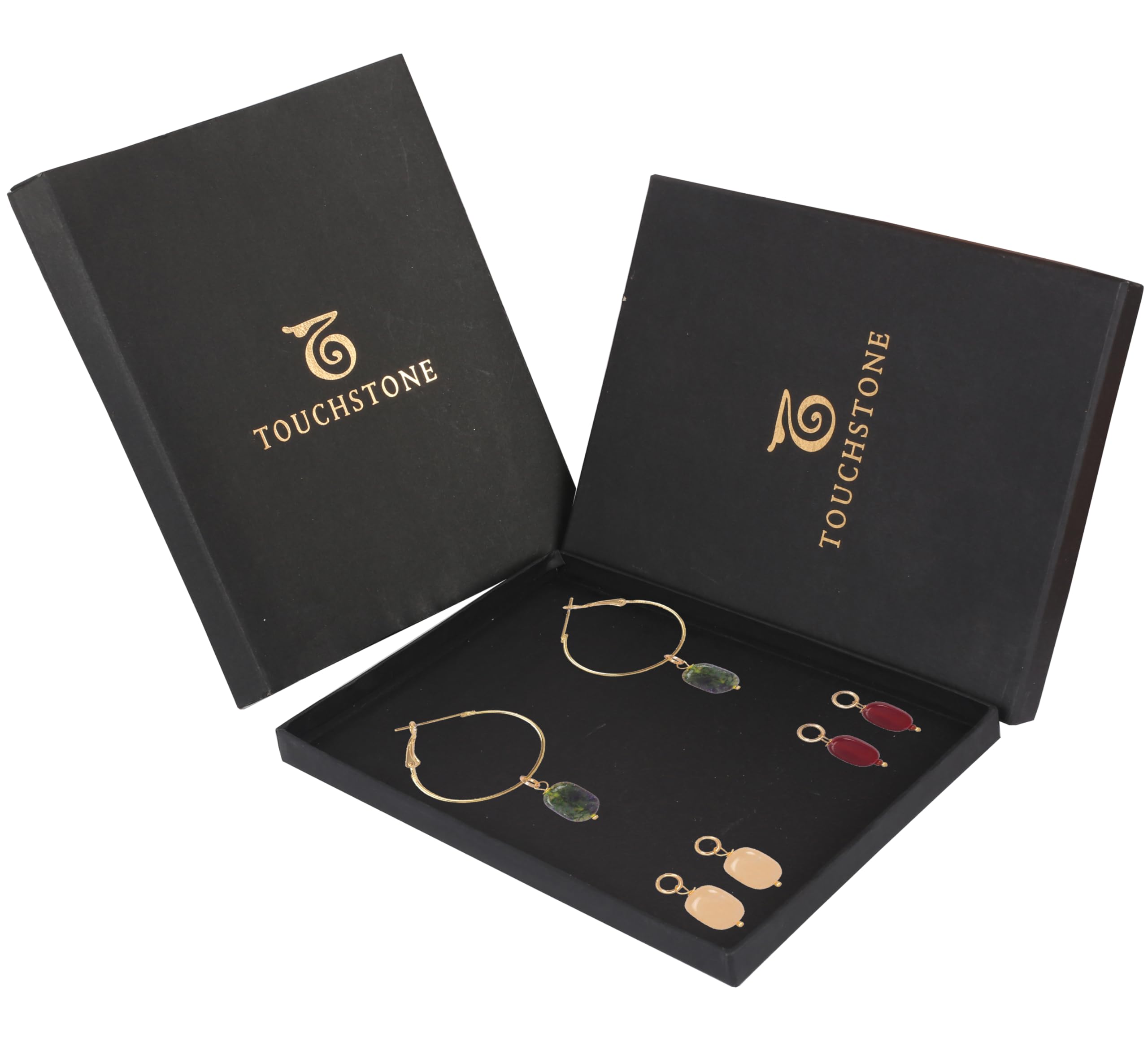 Touchstone Indian Bollywood Handcrafted Glass Stones 3 Changeable Color Designer Jewelry Hoop Earrings in Gold Tone for Women. - Image 5