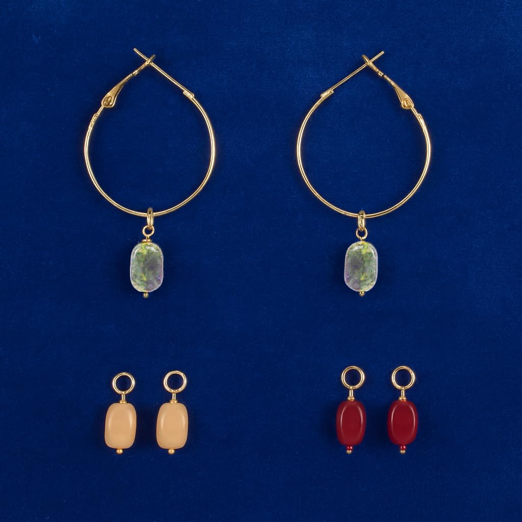 Touchstone Indian Bollywood Handcrafted Glass Stones 3 Changeable Color Designer Jewelry Hoop Earrings in Gold Tone for Women. - Image 6