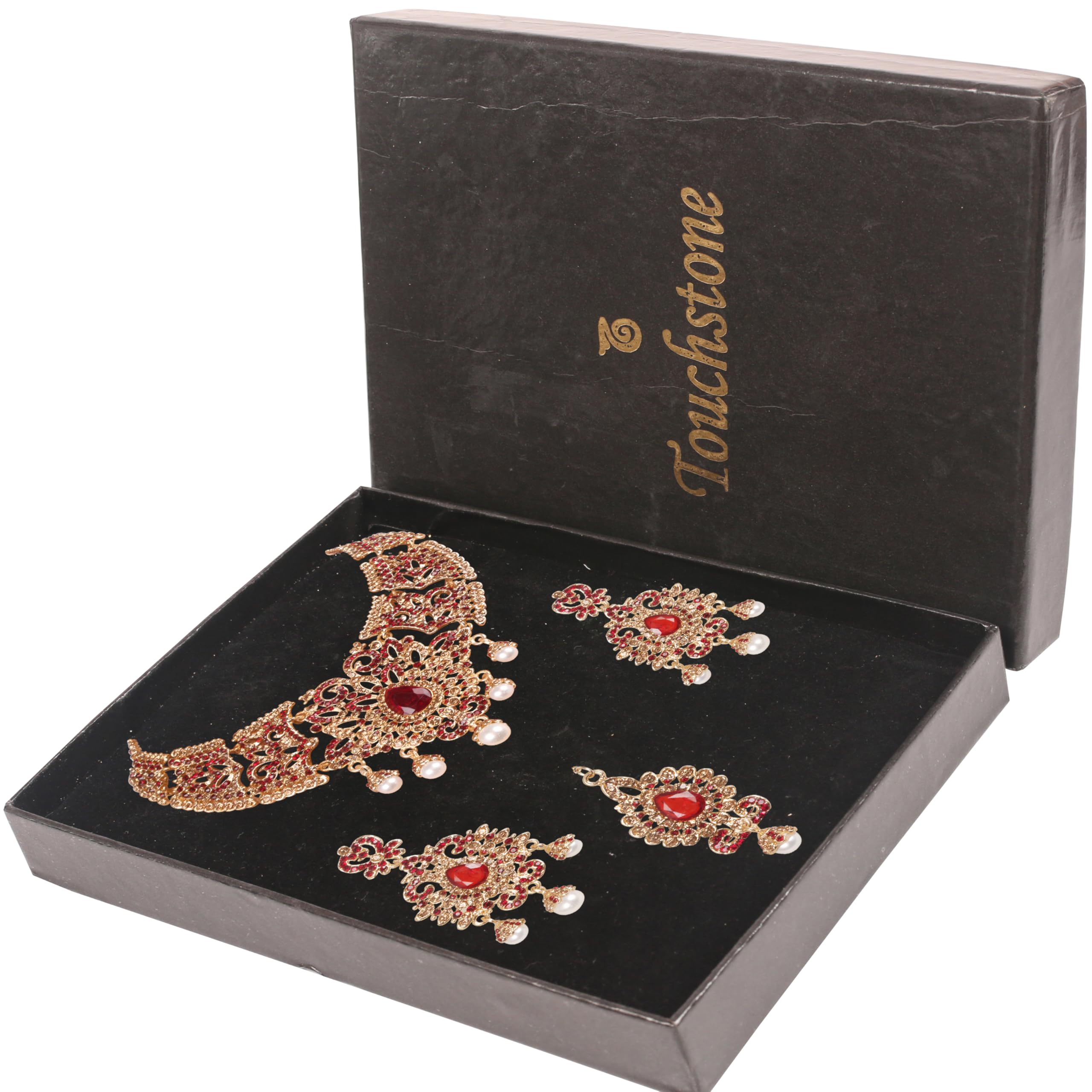 Touchstone Indian jewelry sets for women tikka wedding necklace costume guest statement bollywood rhinestones crystal faux pearls gold big royal neck piece set bridal fashion accessories - Image 6