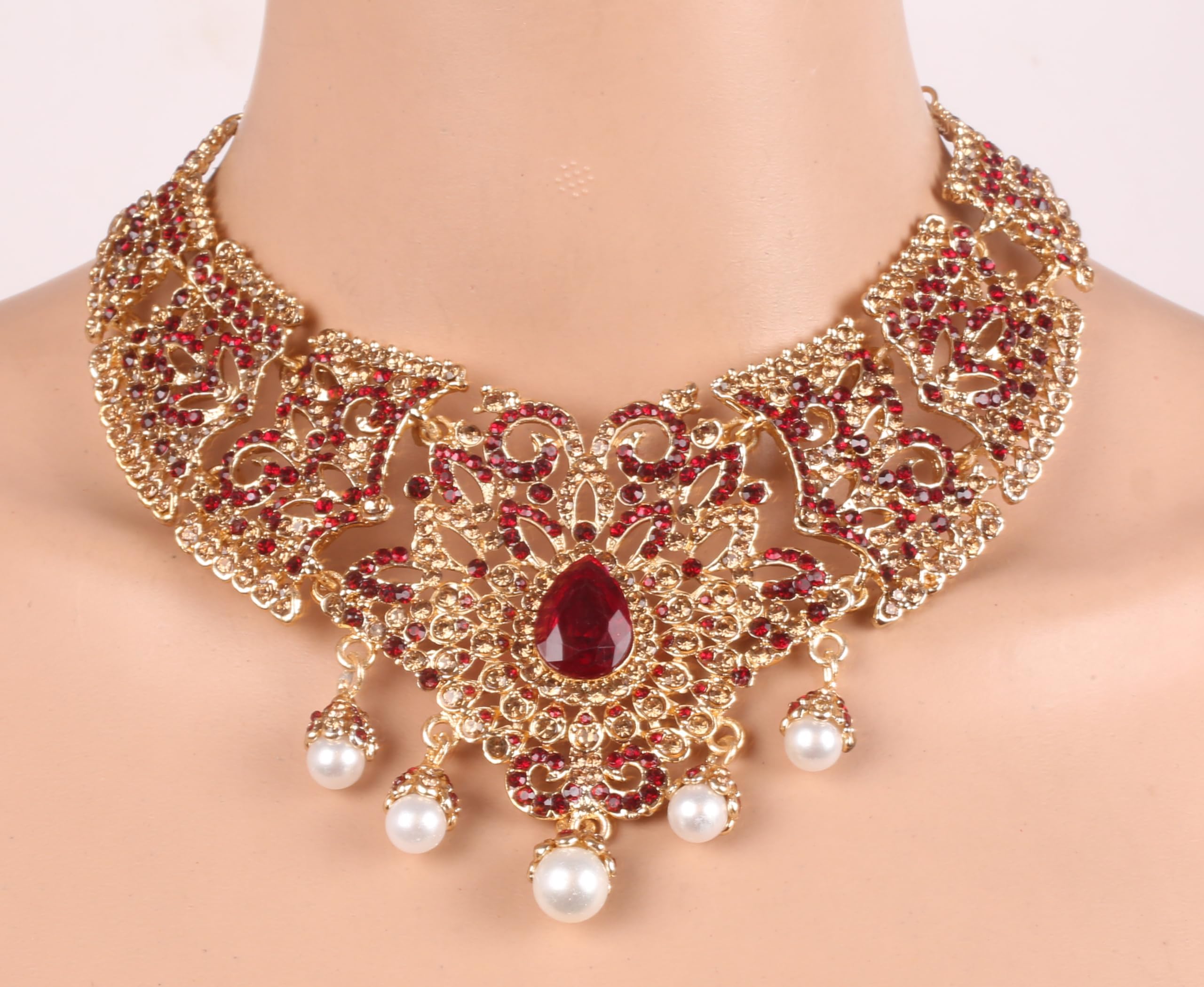 Touchstone Indian jewelry sets for women tikka wedding necklace costume guest statement bollywood rhinestones crystal faux pearls gold big royal neck piece set bridal fashion accessories - Image 8