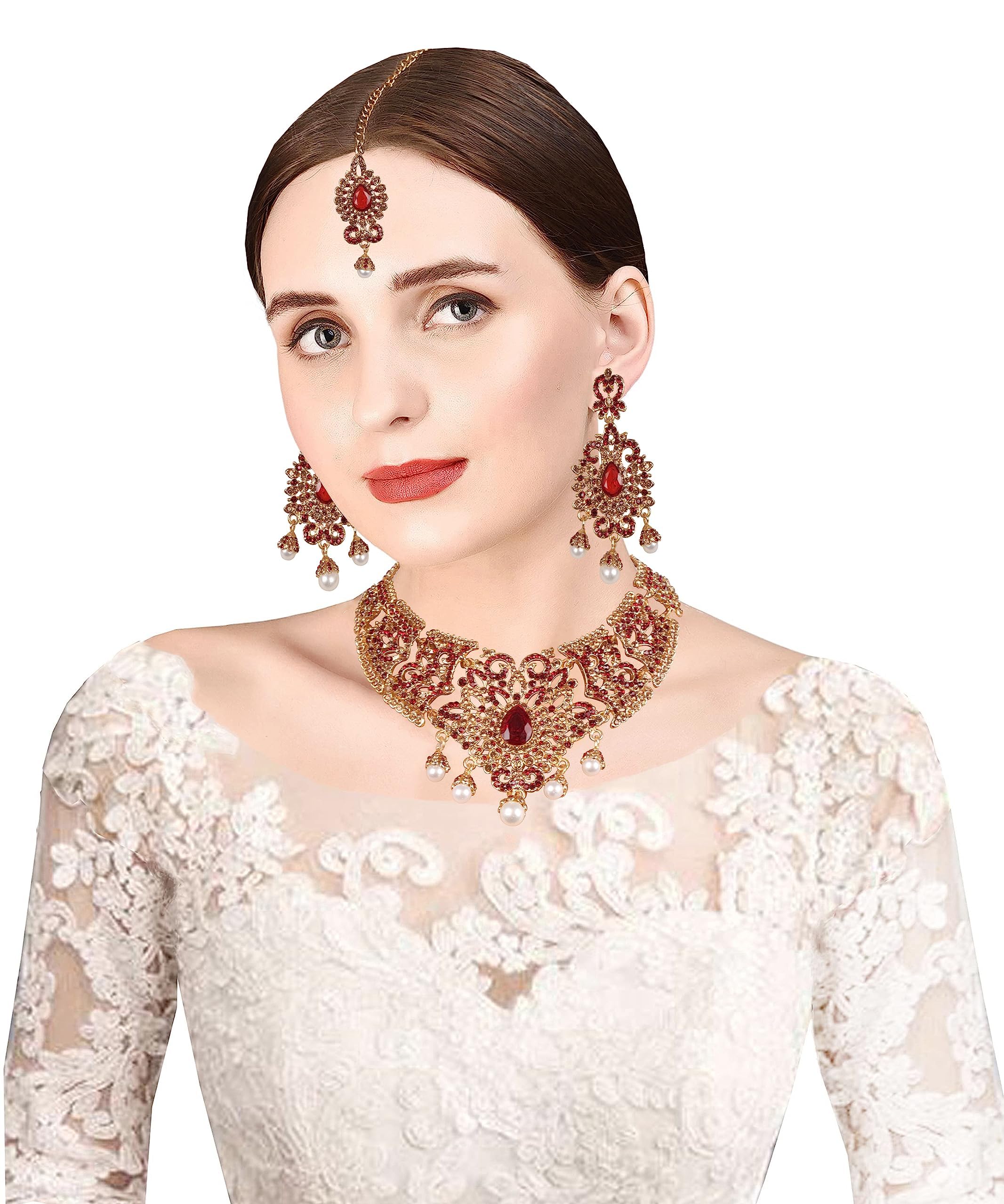 Touchstone Indian jewelry sets for women tikka wedding necklace costume guest statement bollywood rhinestones crystal faux pearls gold big royal neck piece set bridal fashion accessories - Image 9
