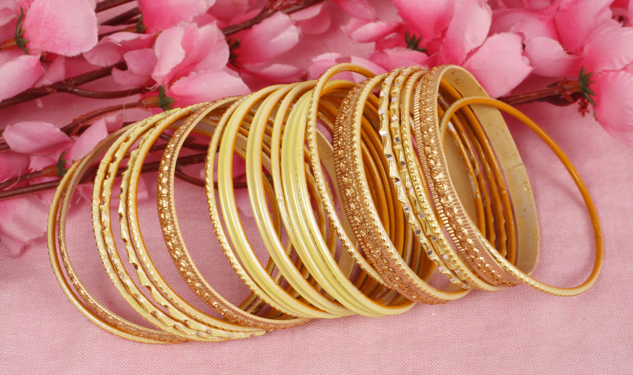Touchstone Indian Metal Bangles for Women Gold Alloy Bracelets desi 2 Dozen Bangle Collection Bollywood Women's Jewelry Set Multi Stacking Wide Chunky Textured Golden Set of 24 in Gold or White Tone - Image 3