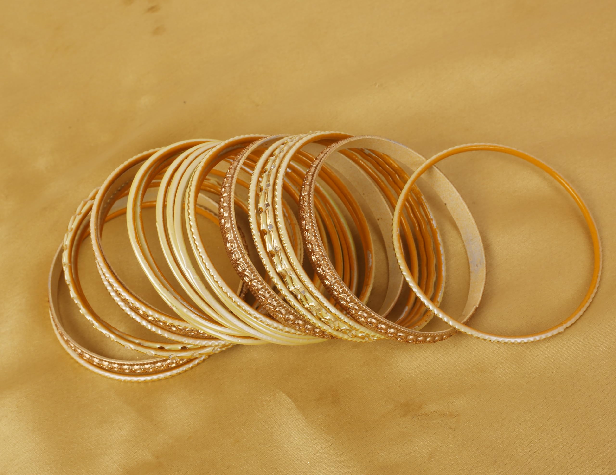 Touchstone Indian Metal Bangles for Women Gold Alloy Bracelets desi 2 Dozen Bangle Collection Bollywood Women's Jewelry Set Multi Stacking Wide Chunky Textured Golden Set of 24 in Gold or White Tone - Image 9