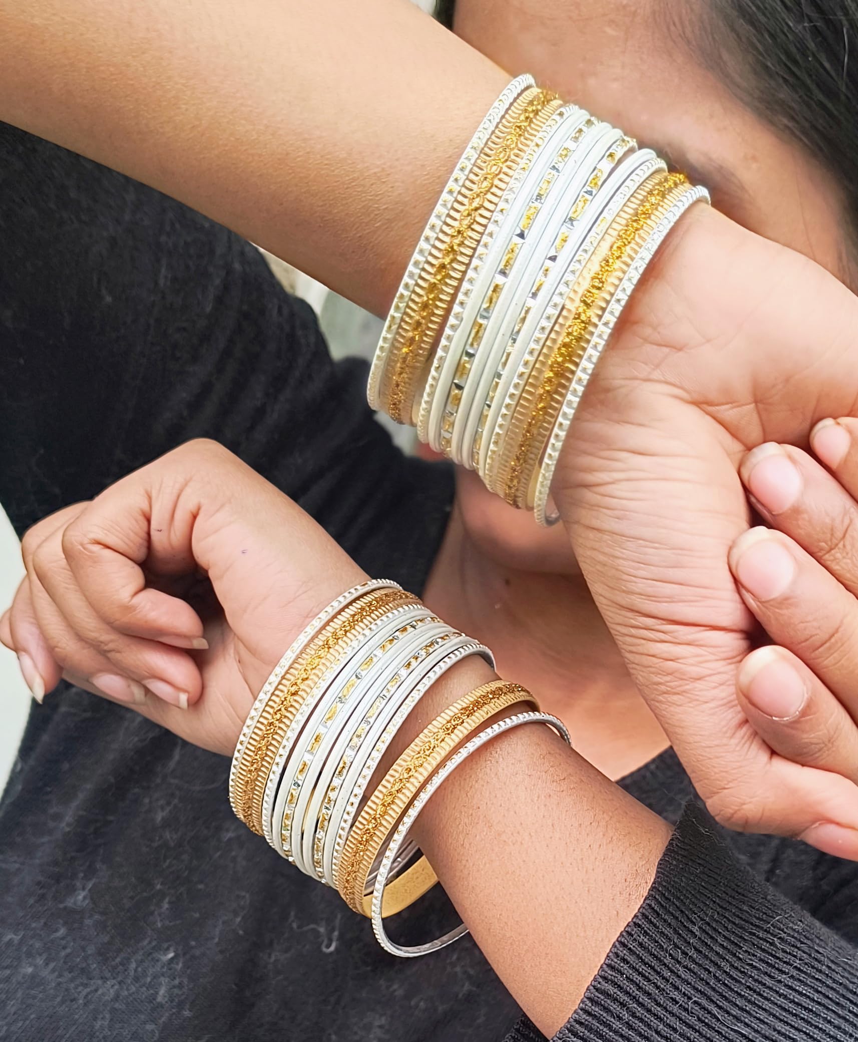 Touchstone Indian Metal Bangles for Women Gold Alloy Bracelets desi 2 Dozen Bangle Collection Bollywood Women's Jewelry Set Multi Stacking Wide Chunky Textured Golden Set of 24 in Gold or White Tone - Image 9